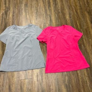 Cherokee Gray and Pink Short‎ Sleeve Scrub Tops Medical Healthcare Pockets Soft